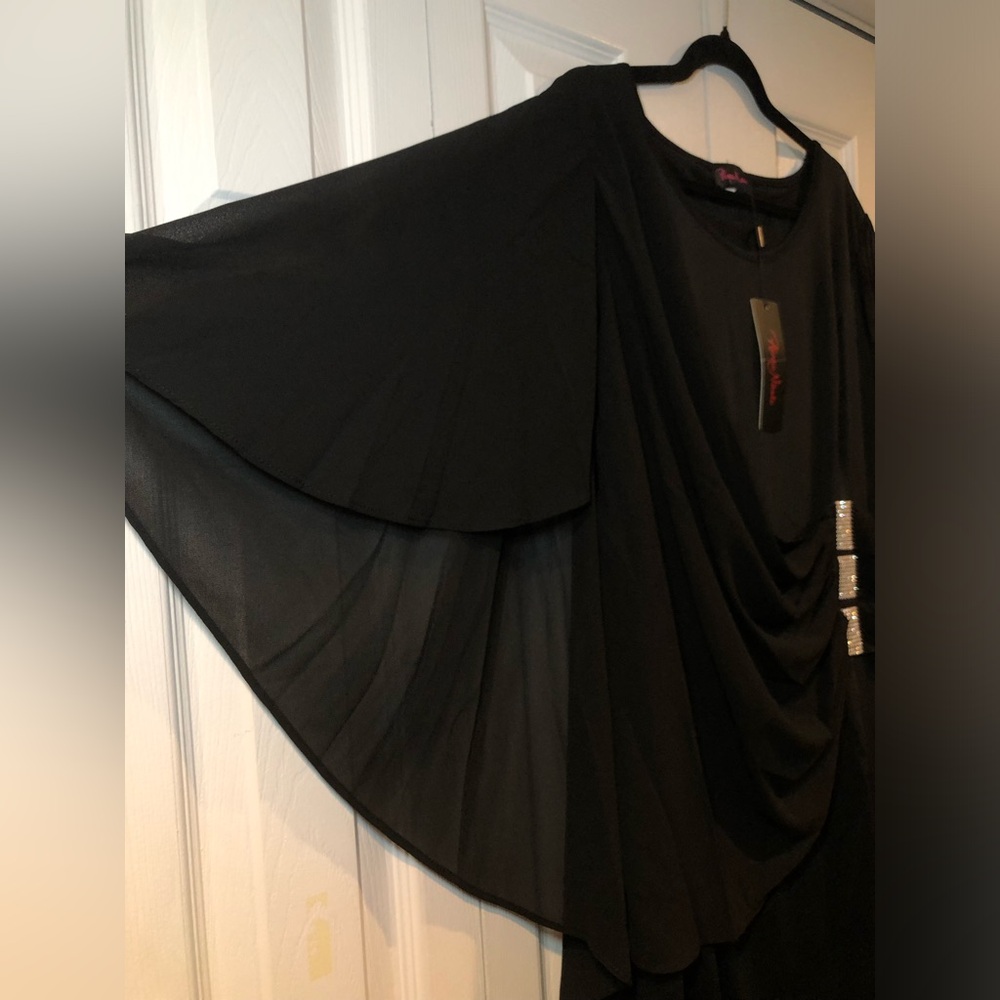 Hanna Nikole Women's Chiffon Ruffle Flattering Cape Sleeve Bodycon Pencil Dress - Picture 4 of 10